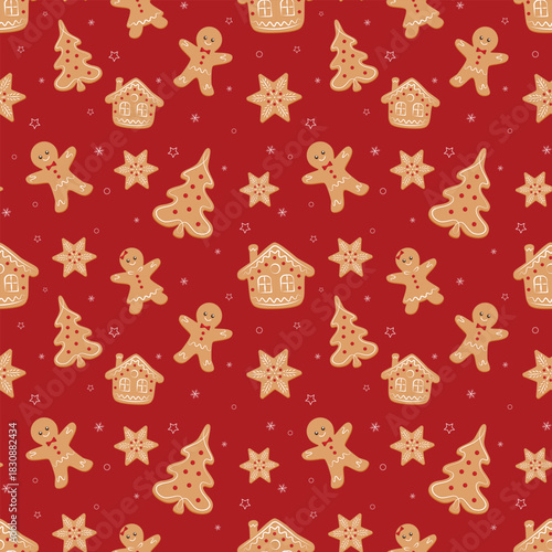 Seamless pattern Christmas theme with ginger breads, candies, Christmas tree, stars. Vector illustration.