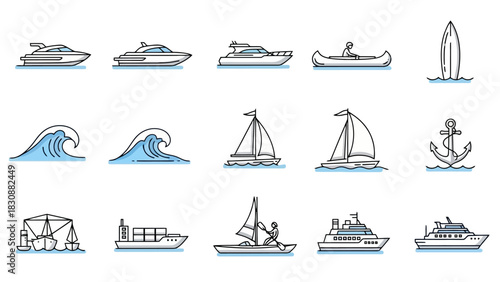Vector icon set of marine transportation and ocean travel symbols, featuring a sailboat, cruise ship, cargo vessel, and anchor illustrations