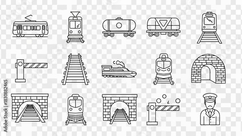 Set of railway transportation line icons, featuring various train types, tracks, tunnels, and crossing barriers, ideal for modern digital design projects and interfaces