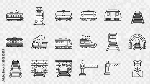 Modern railway transportation vector icons diverse trains, locomotives, wagons, tracks, tunnels, and crossing elements for web and print design