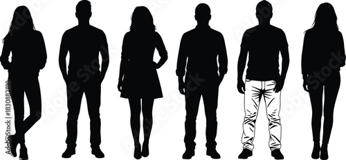 Silhouettes of diverse standing people in casual clothing, representing group diversity, human figures, community concept, teamwork and modern lifestyle illustration