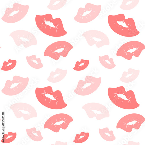 Cute, seamless vector pattern featuring scattered pastel pink and coral lips and kiss prints, creating a fun, feminine design for cosmetics or prints.