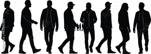 Silhouettes of diverse walking people in casual clothing, showcasing various poses and movements, representing urban lifestyle, motion, street activity, and modern culture