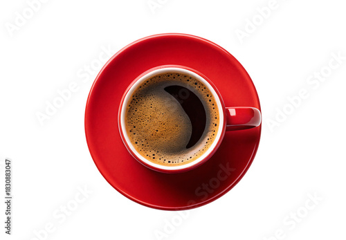 Red coffee cup with crema on matching saucer overhead shot, isolated on a transparent background