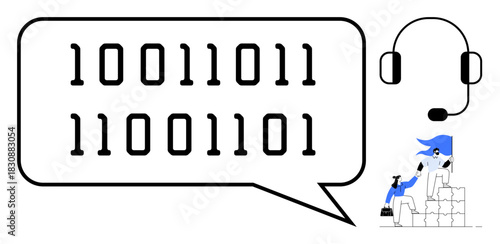 Binary code displayed in speech bubble, person with boxes, and headset. Ideal for customer support, AI, digital communication, technology solutions, teamwork, problem-solving simple flat metaphor