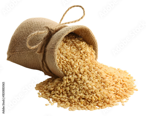 Split pigeon peas spilling out of a small burlap sack isolated on transparent background