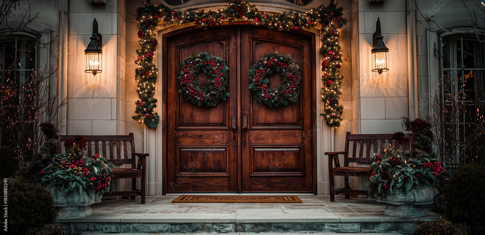 Fototapeta premium Christmas wreaths and decorations on front door of homes in warm desert climate.