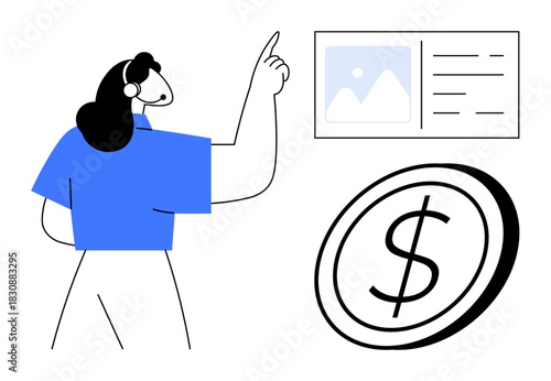 Customer service agent wearing a headset points to a presentation screen with visual and list content and a large dollar coin in the foreground. Ideal for finance, consulting, communication, customer