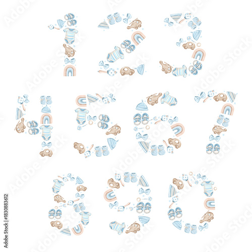 Watercolor Baby Boy Themed Numbers Clipart Collection