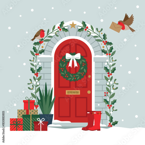 Snowy Festive Red Front Door Christmas scene