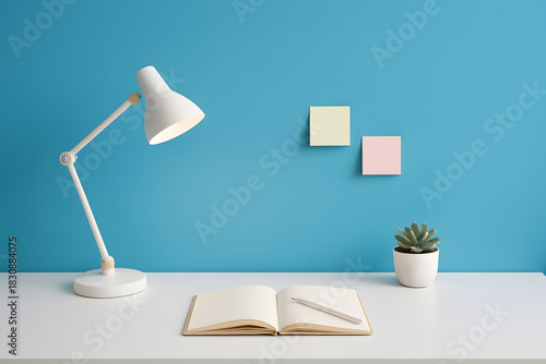 Desk setup with lamp, notebook, and plant