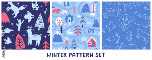 Winter pattern set with animals. Seamless vector prints blue  collection with wild animals.