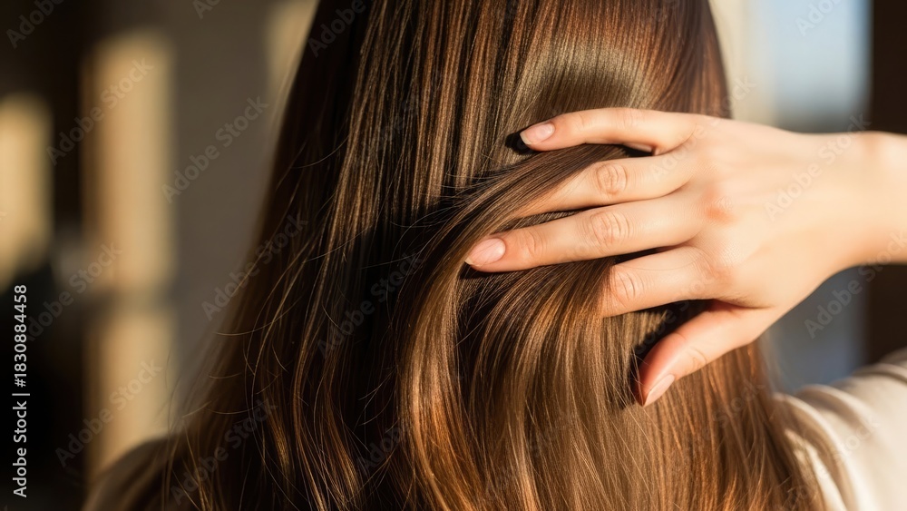 Fototapeta premium A person's hand gently touching and caressing long, flowing, brown hair, illuminated by sunlight.