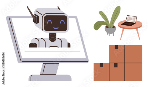 Smiling AI robot displayed on a monitor, stacked shipping boxes, a laptop on a table, and a plant. Ideal for automation, technology, logistics, AI, innovation e-commerce digital productivity