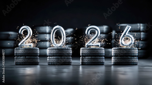 Festive concept for tire shops, car dealerships, and auto repair shops. Illuminated numbers 2026 against a wheels black background. New Year and Christmas
