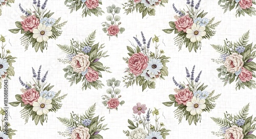 Elegant seamless pattern with watercolor floral bouquets of roses, peonies, and lavender