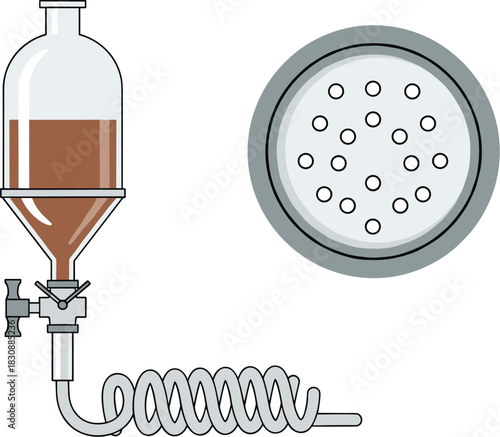 Laboratory illustration featuring a separatory funnel with coiled tubing and a circular filter plate used for scientific liquid separation processes
