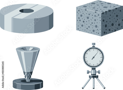 Industrial testing equipment icons showing metal disc, porous material block, precision cone tool, and dial gauge used for engineering measurements