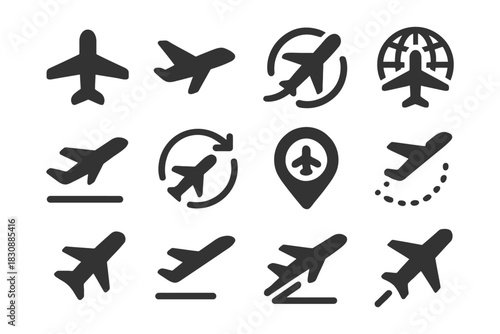 Set of airplane icons representing travel and transportation.