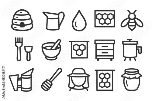 Beekeeping icons set: beehive, honeycomb, bee, hive tools, and equipment illustrations.