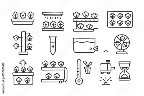 Hydroponic garden icon set: vertical farming, nutrient solution, climate control.