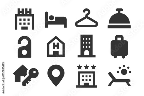 Collection of hotel and travel icons: accommodation, amenities, location, and services symbols.