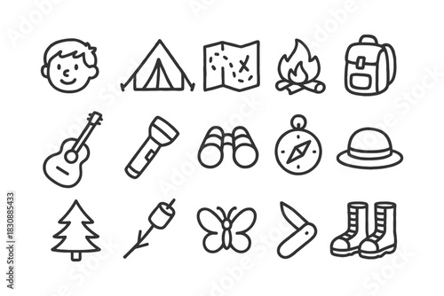 Outdoor adventure icons: camping, hiking, and exploration symbols.