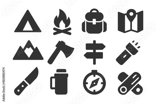 Camping and hiking icons set: tent, campfire, backpack, map, mountain, axe, sign, flashlight.