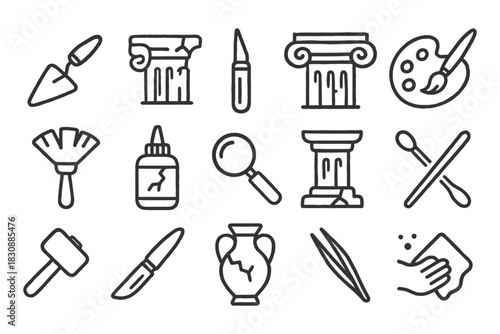 Archaeology tools and ancient artifacts line icons set.