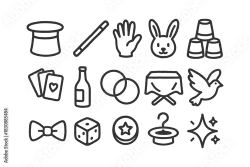 Magic icons set: hat, wand, rabbit, cards, dove, and more magician elements.