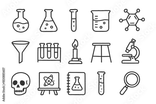 Simple chemistry lab icons set with flasks, microscope, and atomic structure.