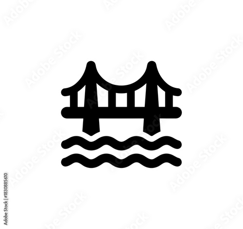 Simple Line Style Detailed Bridge Silhouette Over Water Landscape Icon