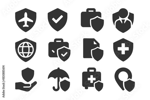 Travel and health insurance icons with protection symbols.