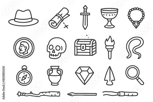Icon set featuring adventure and treasure hunt symbols.