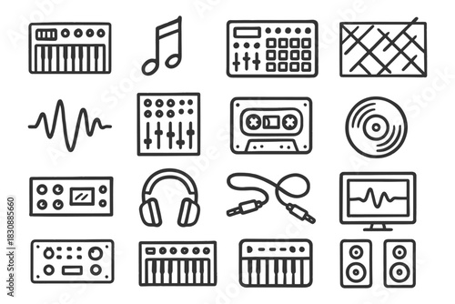 Electronic music instruments and audio equipment icons set.