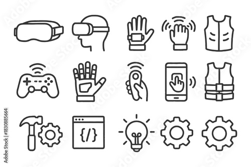 Virtual reality and technology icons: vr headsets, controllers, gadgets, smart devices, innovations.