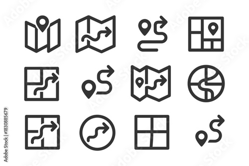 Navigation icons set: maps, routes, and directions in minimalist style.