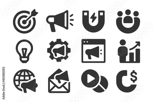 Digital marketing icons: target, loudspeaker, magnet, social group, lightbulb, gear, chart.