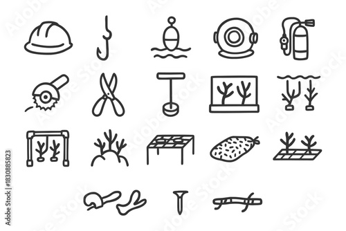 Set of nautical and agricultural tool icons in simple black line art style.