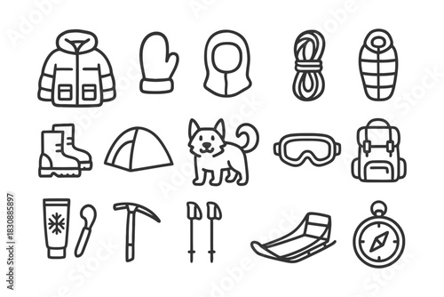 Winter camping essentials: gear icons for adventure and exploration.