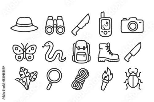 Outdoor adventure gear icons: backpack, binoculars, hiking boots, compass, torch.