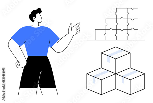 Teamwork concept. Teamwork with puzzles and boxes collaboration, problem-solving, and project organization. Teamwork is crucial for goal achievement. For business, logistics, partnership, innovation