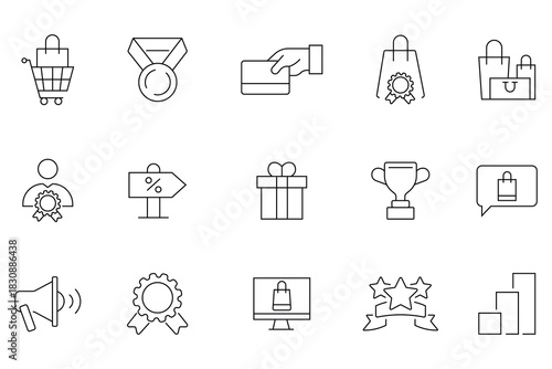 Collation of outline set of market seller. Seller icons related to profits, high quality, sales offer, customer service agent, customers choice, product, shipping and more. Vector illustration.  