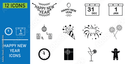 Set of new year holiday web icons in line style. Containing fireworks, dance, resolutions, celebration, party, countdown, wishes and more. New Years celebration elements festive. Vector illustration.