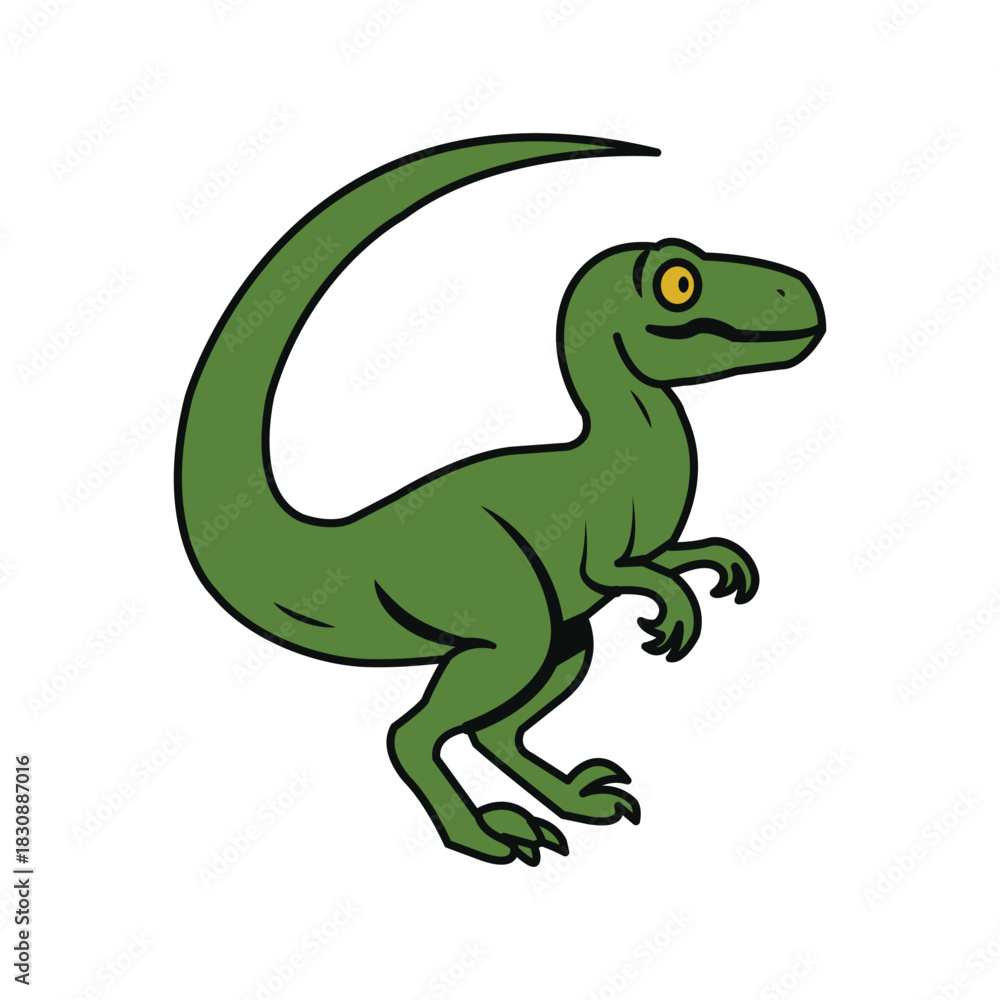 Naklejka premium Cartoon Velociraptor Dinosaur – Green Prehistoric Creature with Bold Outline and Stylized Pose