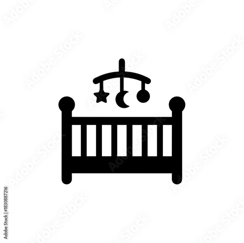 Simple Black Silhouette Baby Crib with Mobile Icon Illustration