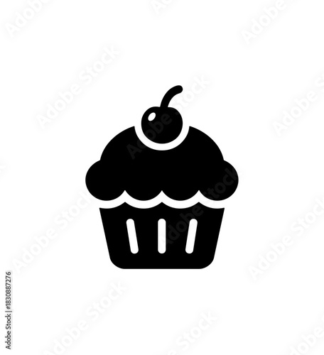 Simple Black Silhouette Cupcake with Cherry Icon Graphic Illustration