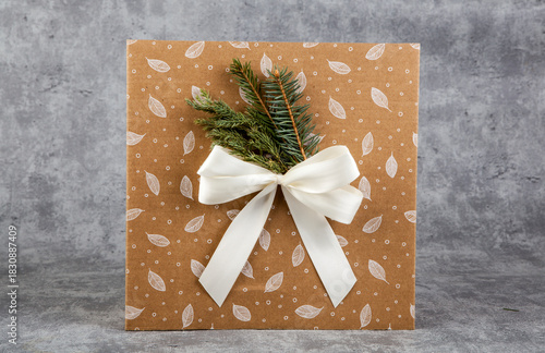 Gift box with christmas tree branch on grunge background.