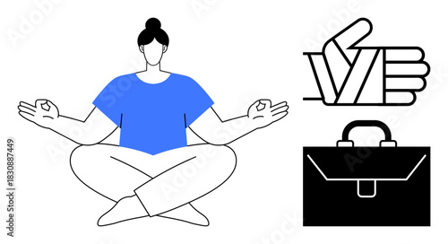 Woman meditating in lotus pose, thumbs-up gesture, and briefcase. Ideal for mindfulness, relaxation, balance, productivity, wellness job satisfaction focus. A simple flat metaphor