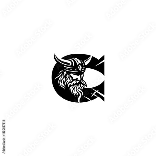A fierce Viking head letter logo featuring a bold Nordic warrior shaped into an alphabet form, crafted with strong lines, modern style, and powerful identity for branding needs.